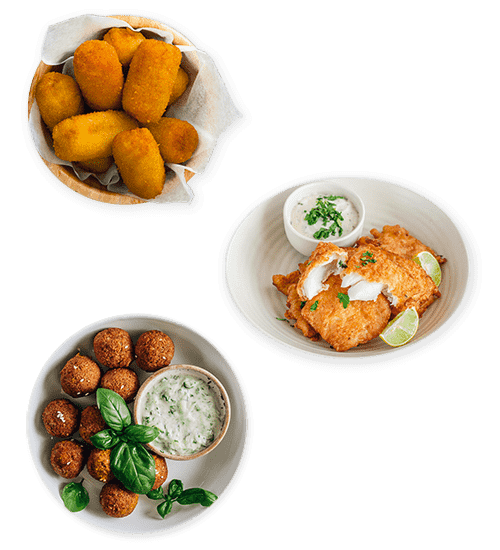 piatti-girasole-alto-oleico crocchette di patate pesce fritto e polpettine fritte
